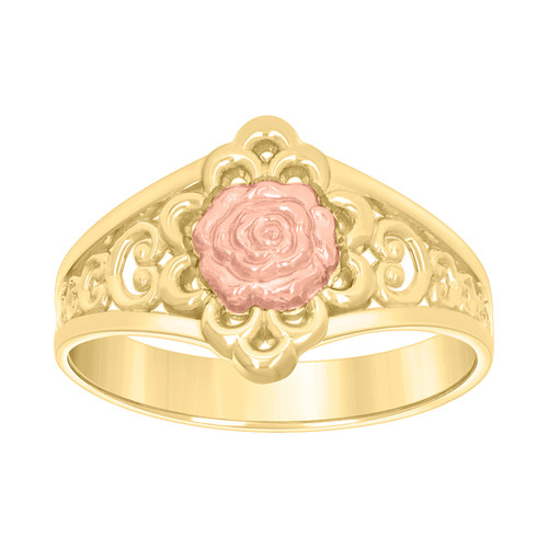 10K Two Tone Gold Women's 12mm Polished Domed Band Hearts Filigree Rose Ring