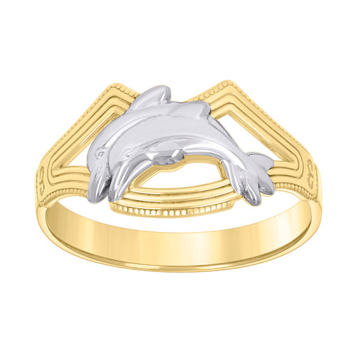 10K Two Tone Gold Women's 10mm Geometric Wave Band Double Jumping Dolphin Ring
