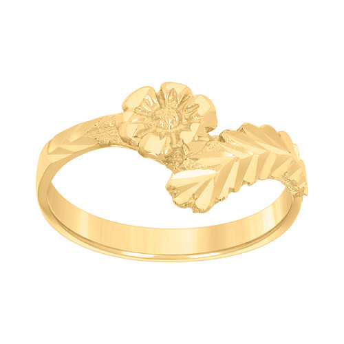 10K Yellow Gold Women's 10.5mm Diamond Cut Bypass Band Flower & Leaf Rose Ring