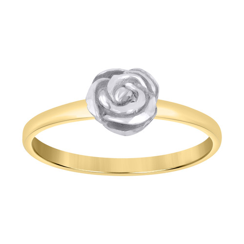 10K Two Tone Gold Women's 5mm High Polished Plain Band Single Flower Rose Ring
