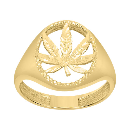 10K Yellow Gold Men's Diamond Cut 16mm Bead Frame Band Marijuana Leaf Oval Ring