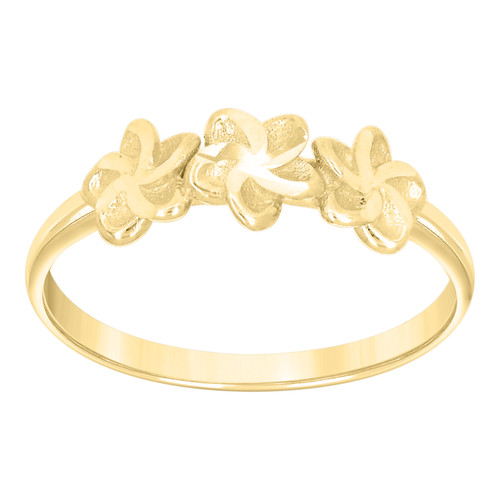10K Yellow Gold Women's 5.5mm Diamond Cut Band Triple Flower Floral Fashion Ring