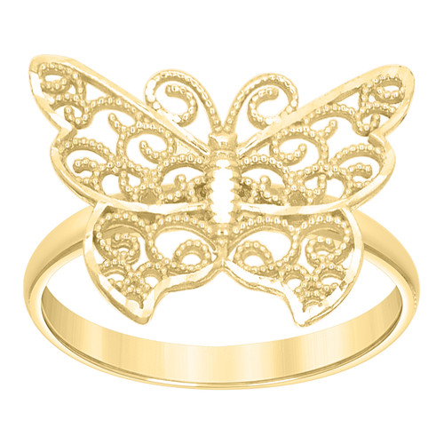 10K Yellow Gold Women's 14.5mm Diamond Cut Textured Band Filigree Butterfly Ring