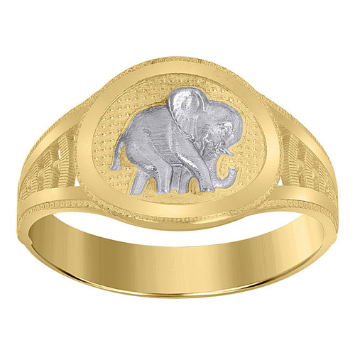 10K Two Tone Gold Women's 11.5mm Textured Signet Band Oval Baby Elephant Ring