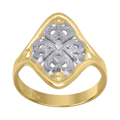 10K Two Tone Gold Women's 19mm Curved Good Luck Band Hearts 4 Leaf Clovers Ring