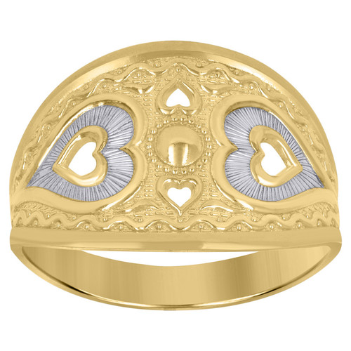 10K Two Tone Gold Women's Diamond Cut 13.5mm Love Band Filigree Heart Dome Ring