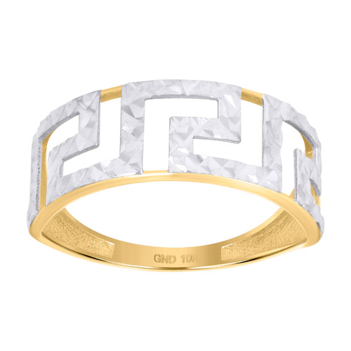 10K Two Tone Gold Women's Diamond Cut 7.5mm Band Faceted Open Greek Key Ring
