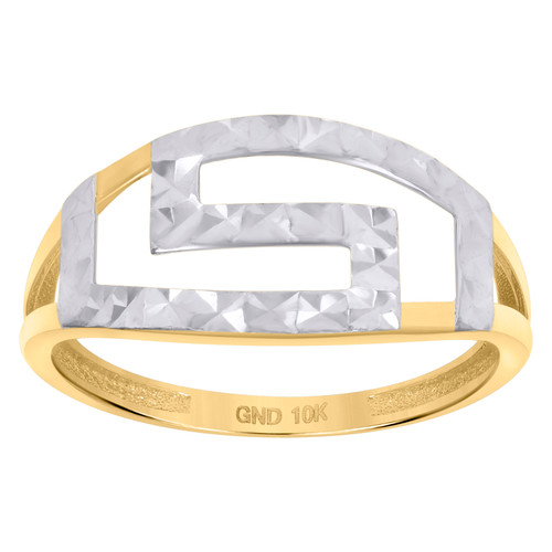 10K Two Tone Gold Womens Diamond Cut 9.5mm Split Shank Band Domed Greek Key Ring