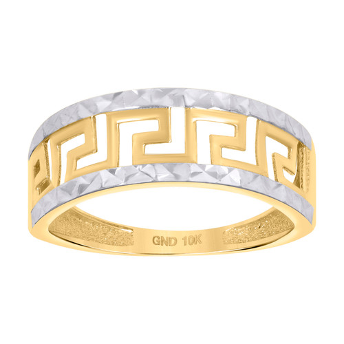 10K Two Tone Gold Women's Diamond Cut 7mm Faceted Border Band Greek Key Ring
