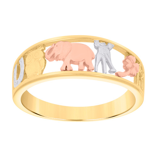 10K Tri Color Gold Women's 7mm Open Band Clover Owl Good Luck Lucky Charms Ring