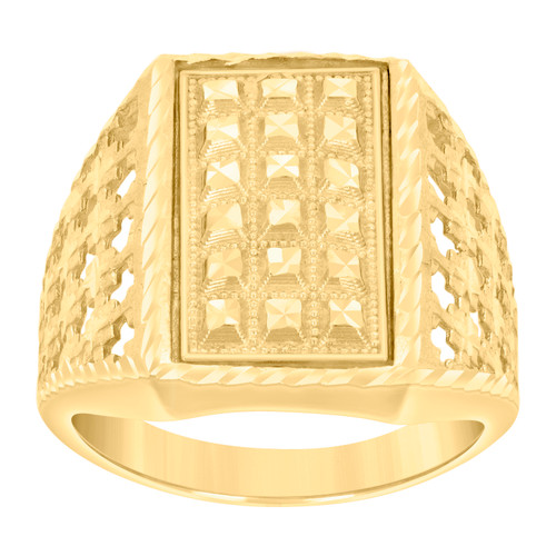 10K Yellow Gold Men's D/C 19mm Textured Rectangle Top Lattice Pattern Pinky Ring