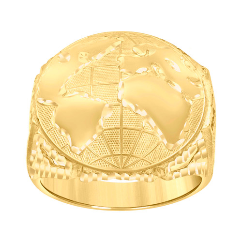 10K Yellow Gold Men's Diamond Cut 22mm Textured Domed World Map Globe Pinky Ring