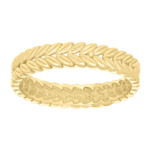 10K Yellow Gold Women's Polished 4mm Stackable Band Leaf Pattern Eternity Ring