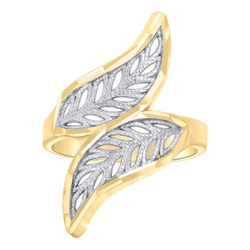 10K Two Tone Gold Women's Diamond Cut 28mm Band Texture Leaf Pattern Bypass Ring