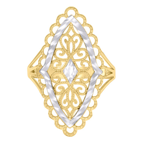 10K Two Tone Gold Womens Diamond Cut 28mm Split Shank Pointed Oval Filigree Ring