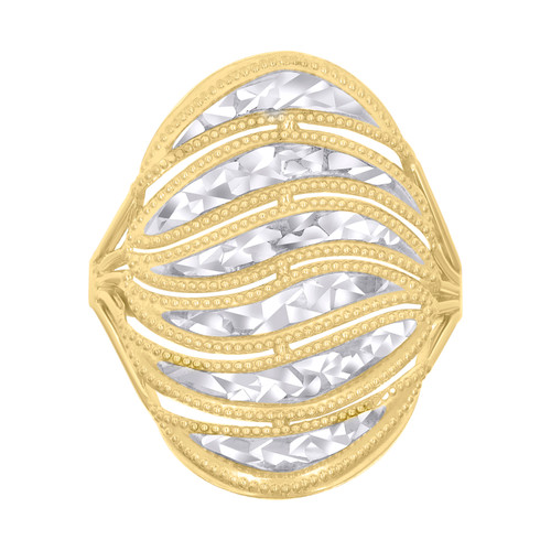 10K Two Tone Gold Women's Diamond Cut 24.5mm Split Shank Domed Wavy Oval Ring
