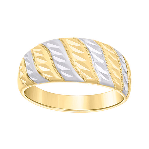 10K Two Tone Gold Women's Diamond Cut 9mm Beaded Band Wavy Domed Stackable Ring