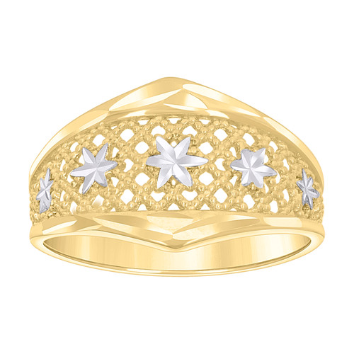 10K Two Tone Gold Women's Diamond Cut 12mm Textured Lattice Point Band Star Ring