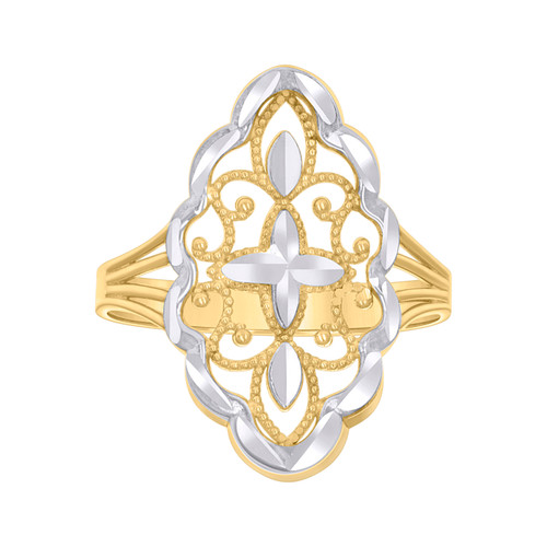 10K Two Tone Gold Womens D/C 22mm Split Shank Floral Border Flower Filigree Ring