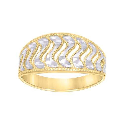 10K Two Tone Gold Women's D/C 9.5mm Stackable Beaded Band Wavy Pattern Ring