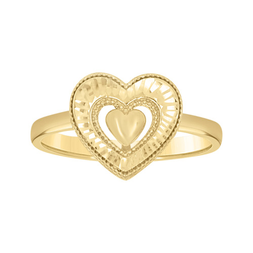 10K Yellow Gold Women's Diamond Cut 11mm Stackable Faceted Heart in Heart Ring