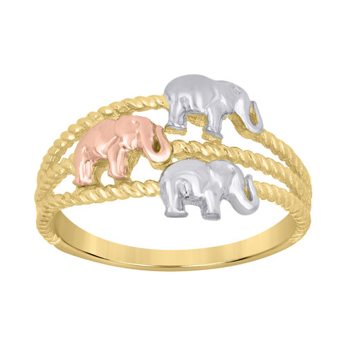 10K Tri Color Gold Women's Polished 10mm Band Triple Braided Baby Elephants Ring