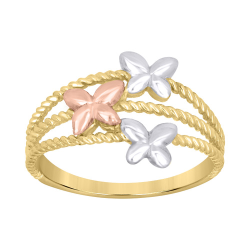 10K Tri Color Gold Women's High Polished 12mm Band Triple Braided Butterfly Ring