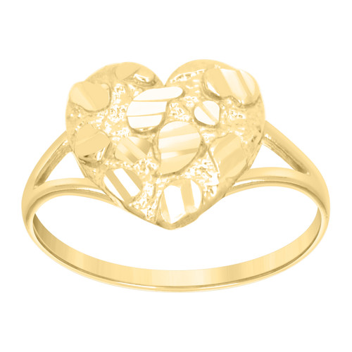 10K Yellow Gold Women's Diamond Cut 11.5mm Split Shank Band Nugget Heart Ring