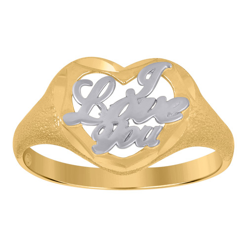 10K Two Tone Gold Women's Diamond Cut 11.5mm Textured Open Heart I LOVE YOU Ring