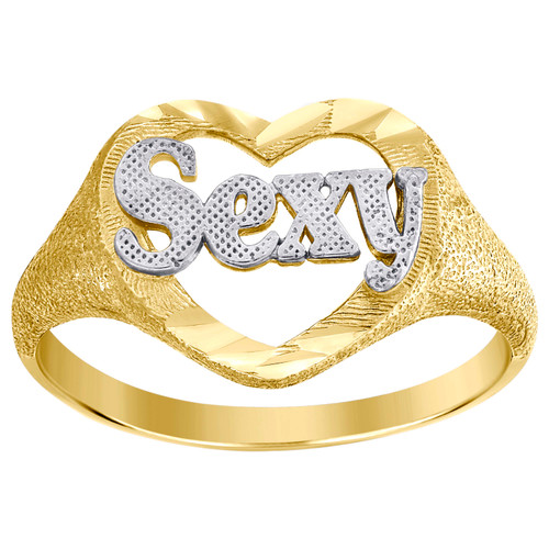 10K Two Tone Gold Women's Diamond Cut 11.5mm Textured Open Heart SEXY Ring