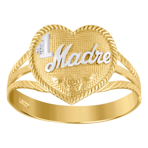 10K Two Tone Gold Womens Texture Split Shank 13mm Floral Heart #1 MADRE Mom Ring