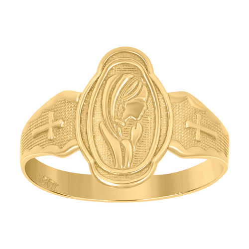 10K Yellow Gold Women's Textured 14mm Cross Band Praying Mother Mary Oval Ring