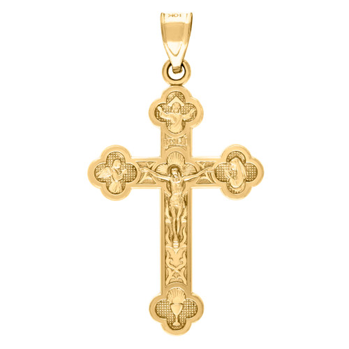 10K Yellow Gold Men's 1.50" Charm Saints Jesus Budded Cross Crucifix Pendant