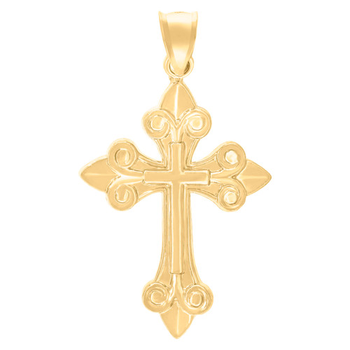 10K Yellow Gold Men's 1.45" Polished Religious Charm Lily Pointed Cross Pendant