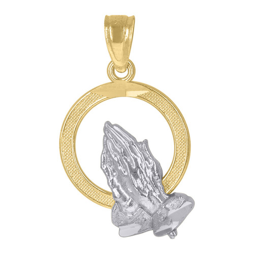10K Two Tone Gold Unisex 0.85" D/C Charm Textured Frame Praying Hands Pendant