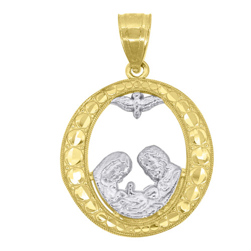 10K Two Tone Gold Unisex 1" Textured Religious Charm Oval Frame Baptism Pendant