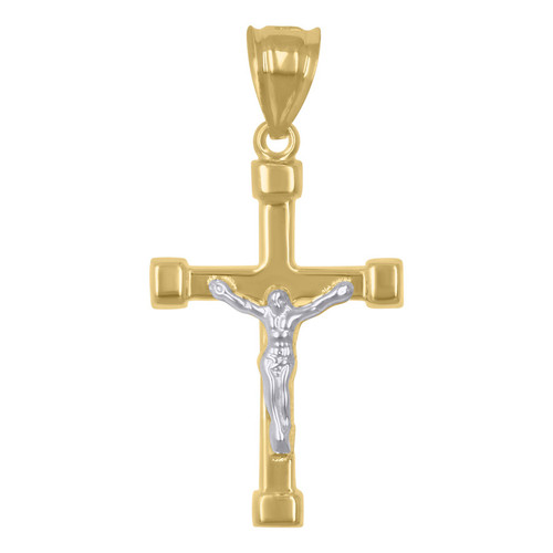 10K Two Tone Gold Unisex 1.70" High Polish Charm Cap End Cross Crucifix Pendant