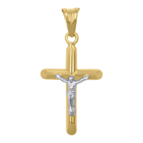 10K Two Tone Gold Unisex 1.35" High Polish Charm Beveled Cross Crucifix Pendant