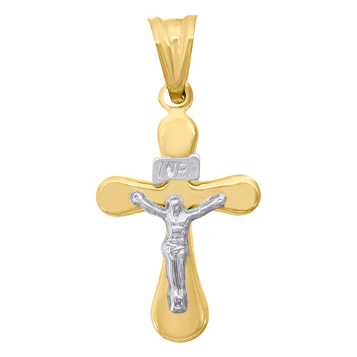 10K Two Tone Gold Unisex 1.20" Polish Charm Rounded Cross INRI Crucifix Pendant