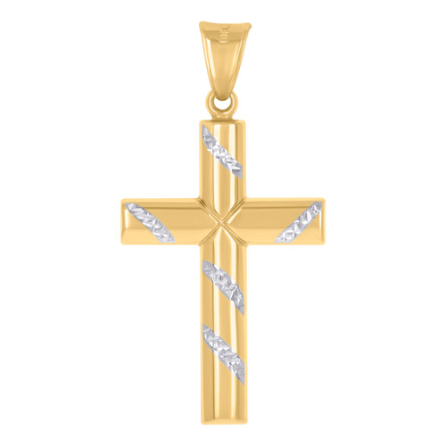 10K Two Tone Gold Unisex 2.40" D/C Charm Texture Stripes X Beveled Cross Pendant