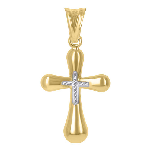 10K Two Tone Gold Unisex 1.20" Charm D/C Textured Center Bubble Cross Pendant