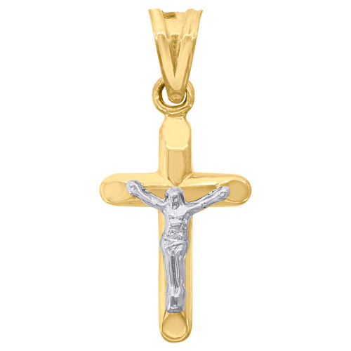 10K Two Tone Gold Unisex 1.15" Charm High Polished Beveled Edge Crucifix Pendant