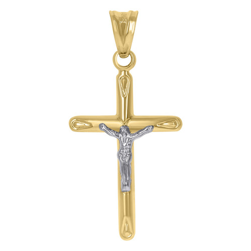 10K Two Tone Gold Unisex 1.50" Religious Charm Teardrop Edge Crucifix Pendant