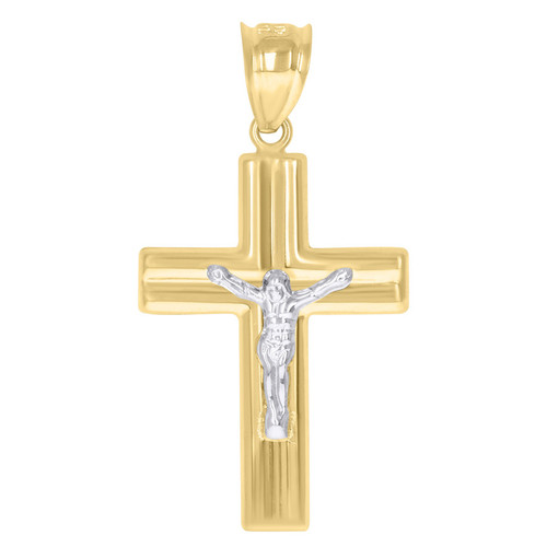 10K Two Tone Gold Men's 1.75" Religious Polished Charm Grooved Crucifix Pendant