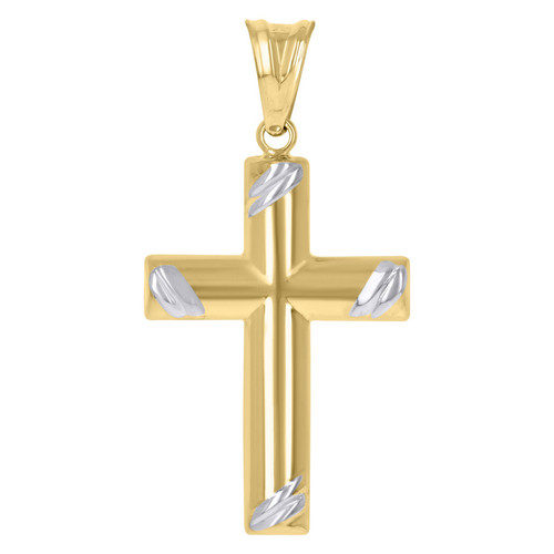10K Two Tone Gold Unisex 1.40" D/C Charm Textured Edge Beveled Cross Pendant