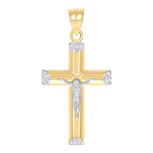 10K Two Tone Gold Men's 2" Religious D/C Charm Bevel Edge Cross Crucifix Pendant