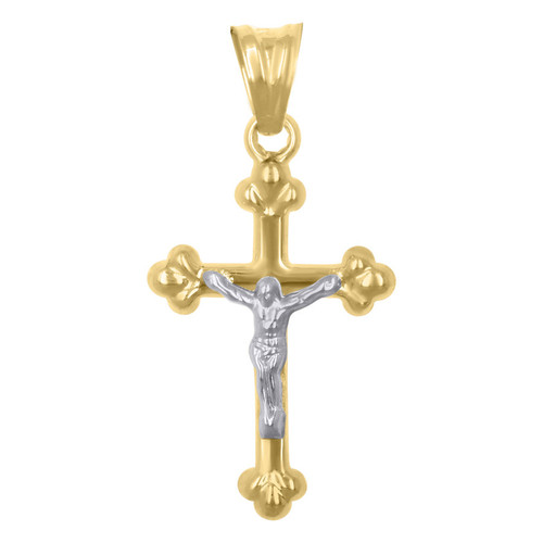 10K Two Tone Gold Unisex 1.30" Religious Charm Budded Cross Crucifix Pendant