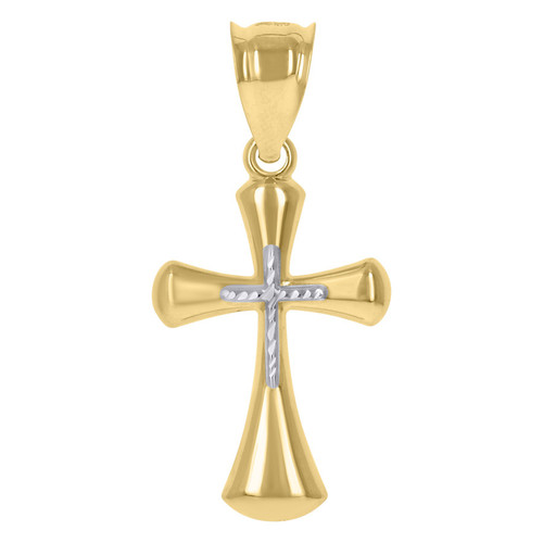 10K Two Tone Gold Men's 1.35" Religious Charm Bubble Flared Tube Cross Pendant