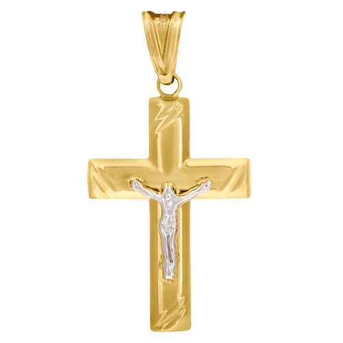 10K Two Tone Gold Men's 1.40" Charm Swirling Beveled Cross Crucifix Pendant