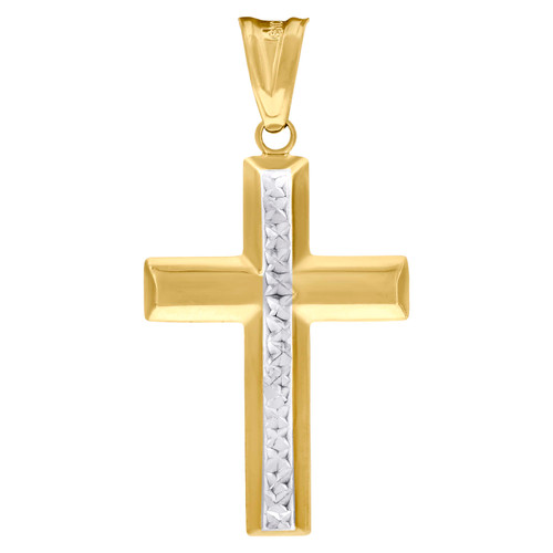 10K Two Tone Gold Unisex 1.45" Diamond Cut Center Charm Beveled Cross Pendant